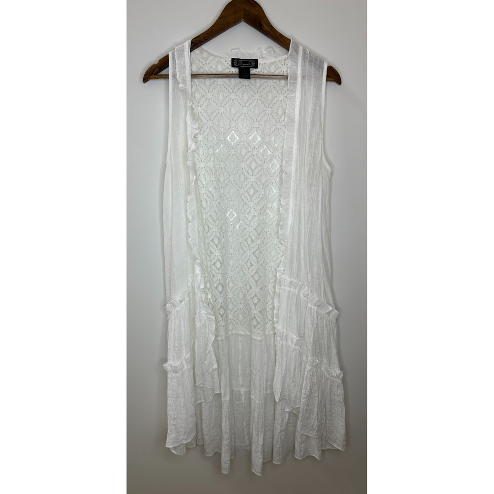 Shyanne White Open Front Tiered Ruffled Lace Duster Vest Large Country Boho - Picture 12 of 12